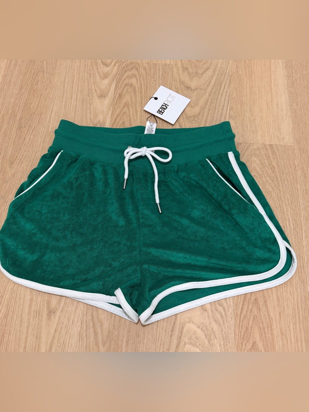 Beach Riot Green Terry Drawstring Athletic Shorts with White Trim